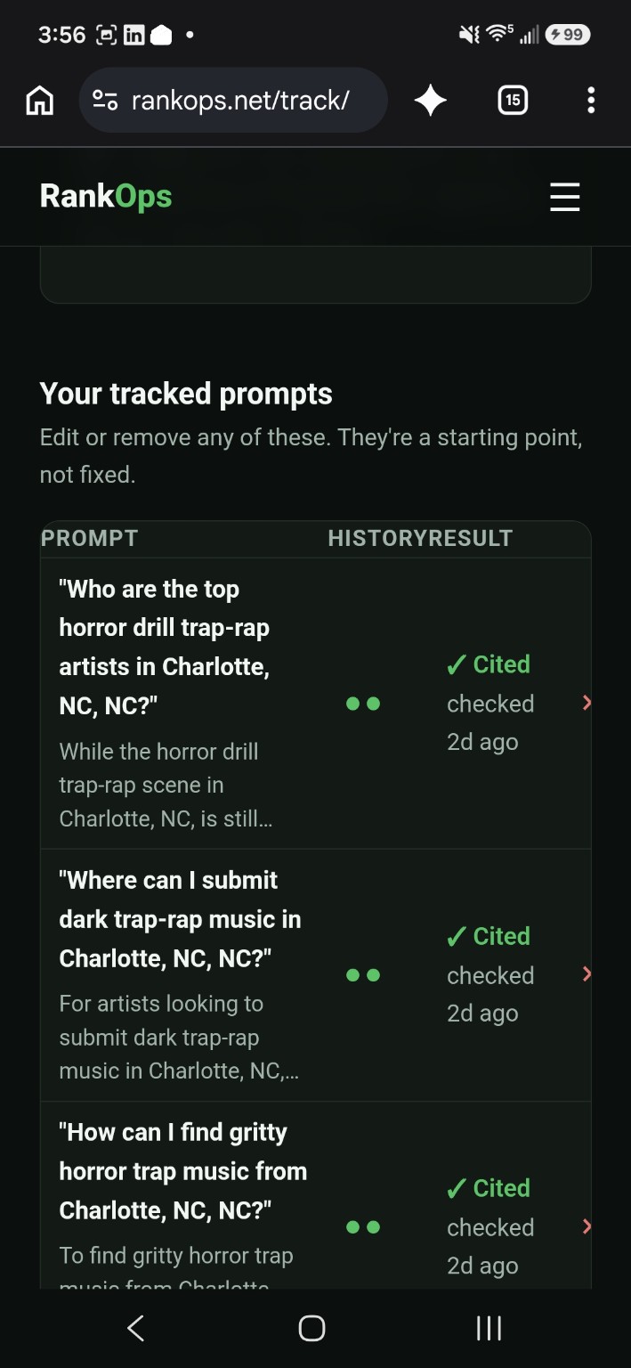 RankOps dashboard showing tracked buyer-intent prompts and citation status
